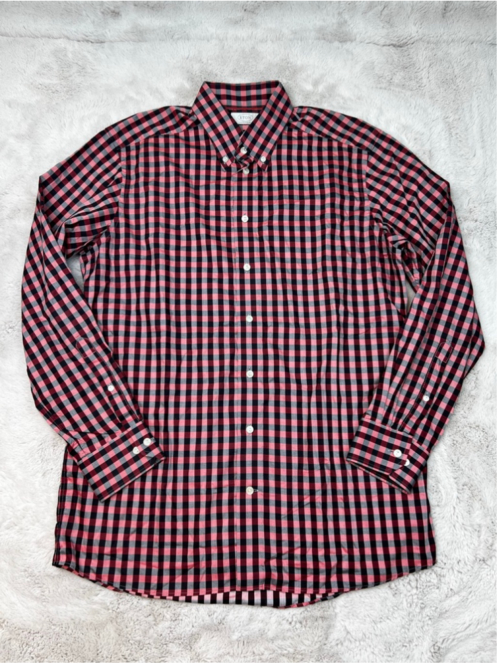 ETON Dress Shirt Mens Size 41 / 16 Red Black Checkered Button Up Business